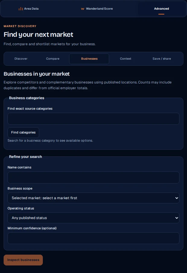Actual Wanderland business-discovery interface with category and search controls before query execution
