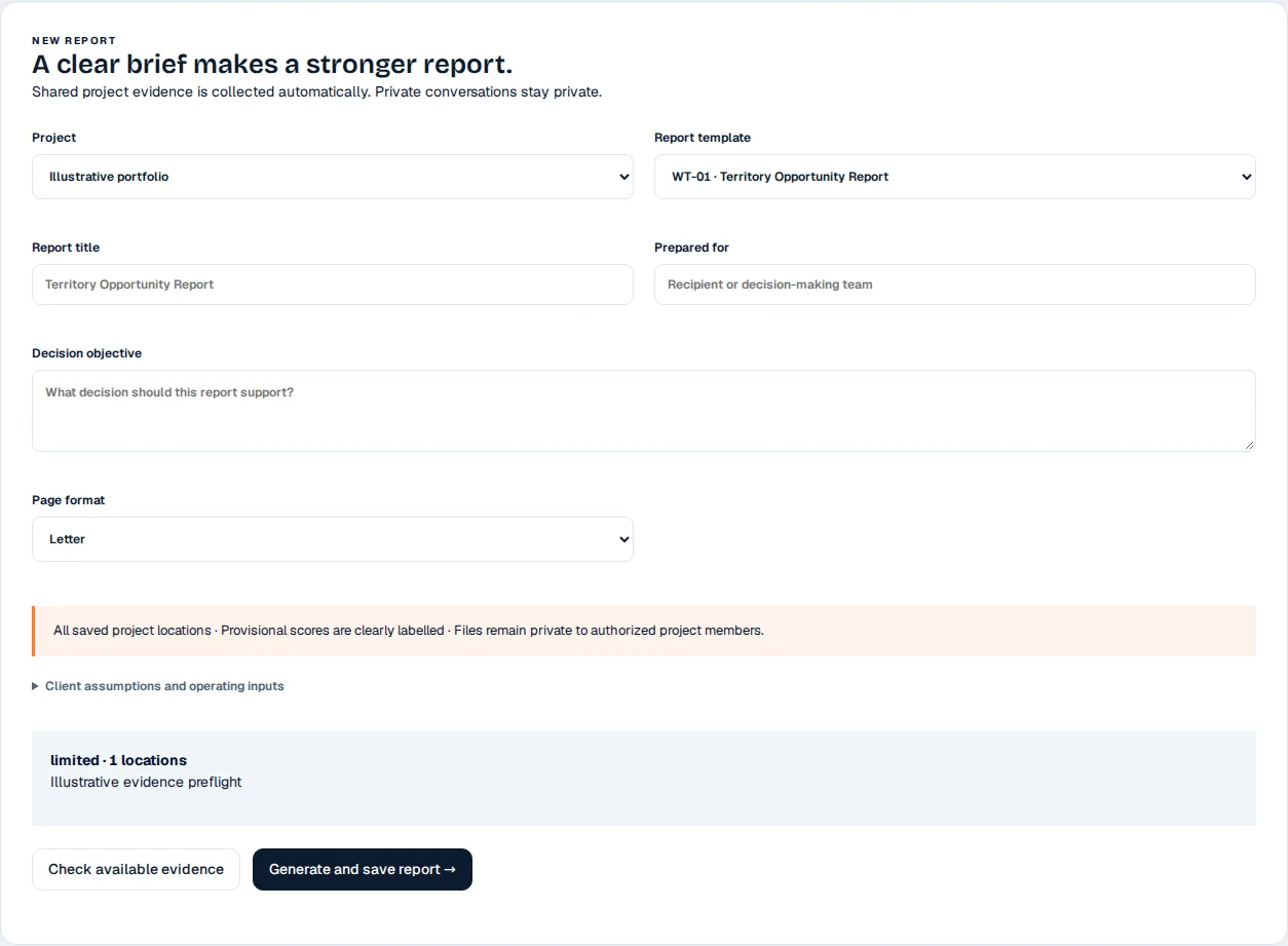 Wanderland report preparation panel with an illustrative limited-evidence preflight